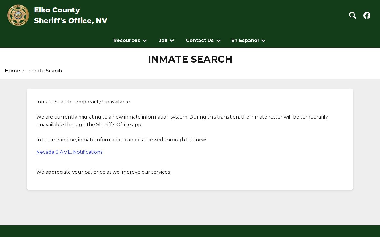 Elko County Sheriff roster migration notice directing users to Nevada SAVE