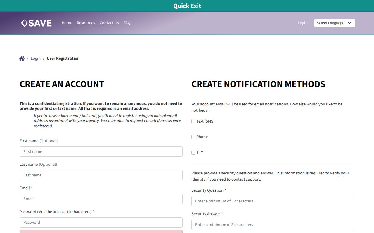 Nevada SAVE notification registration screen for custody and release alerts